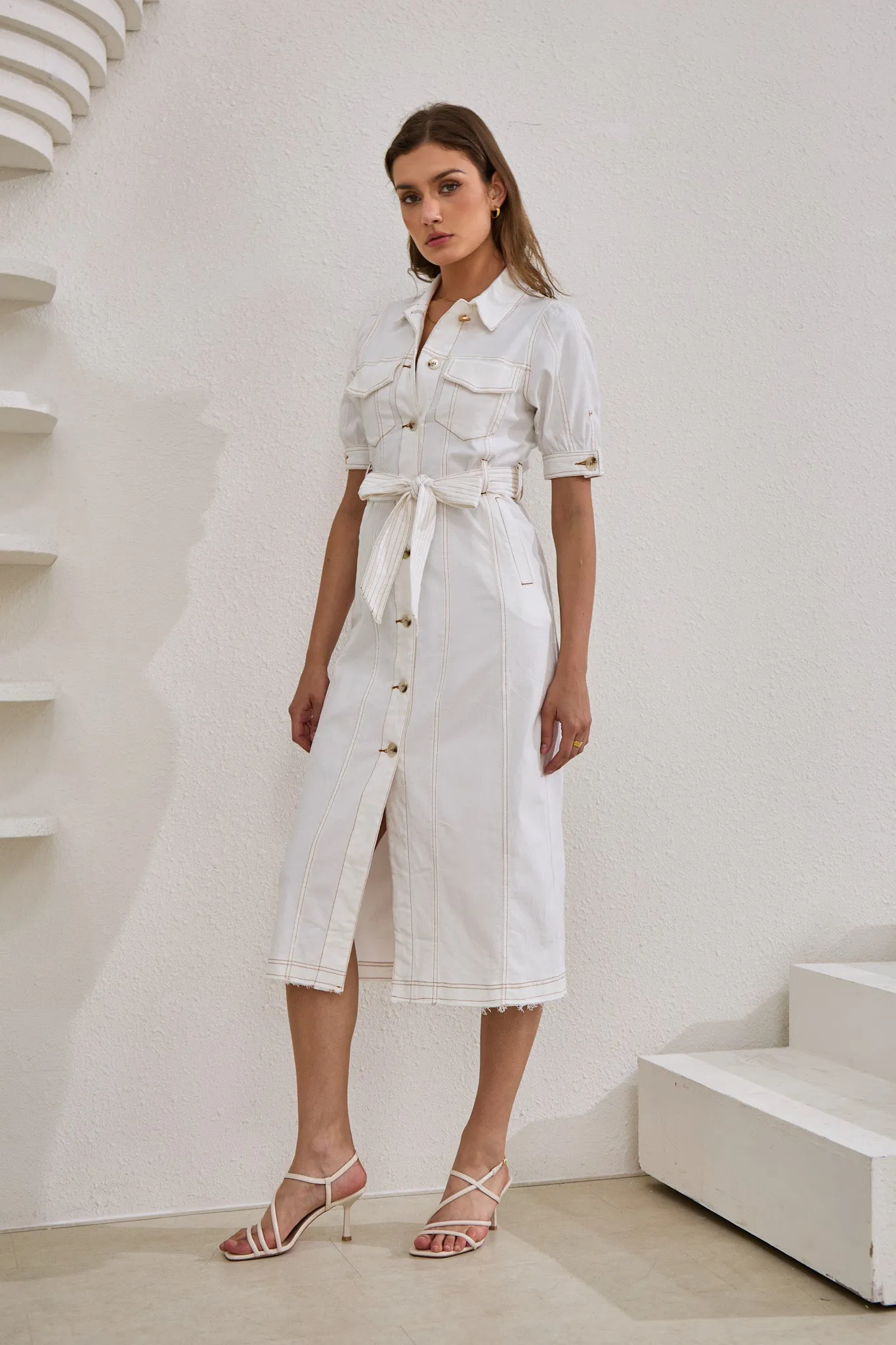 Coco White Button Down Belted Midi Dress