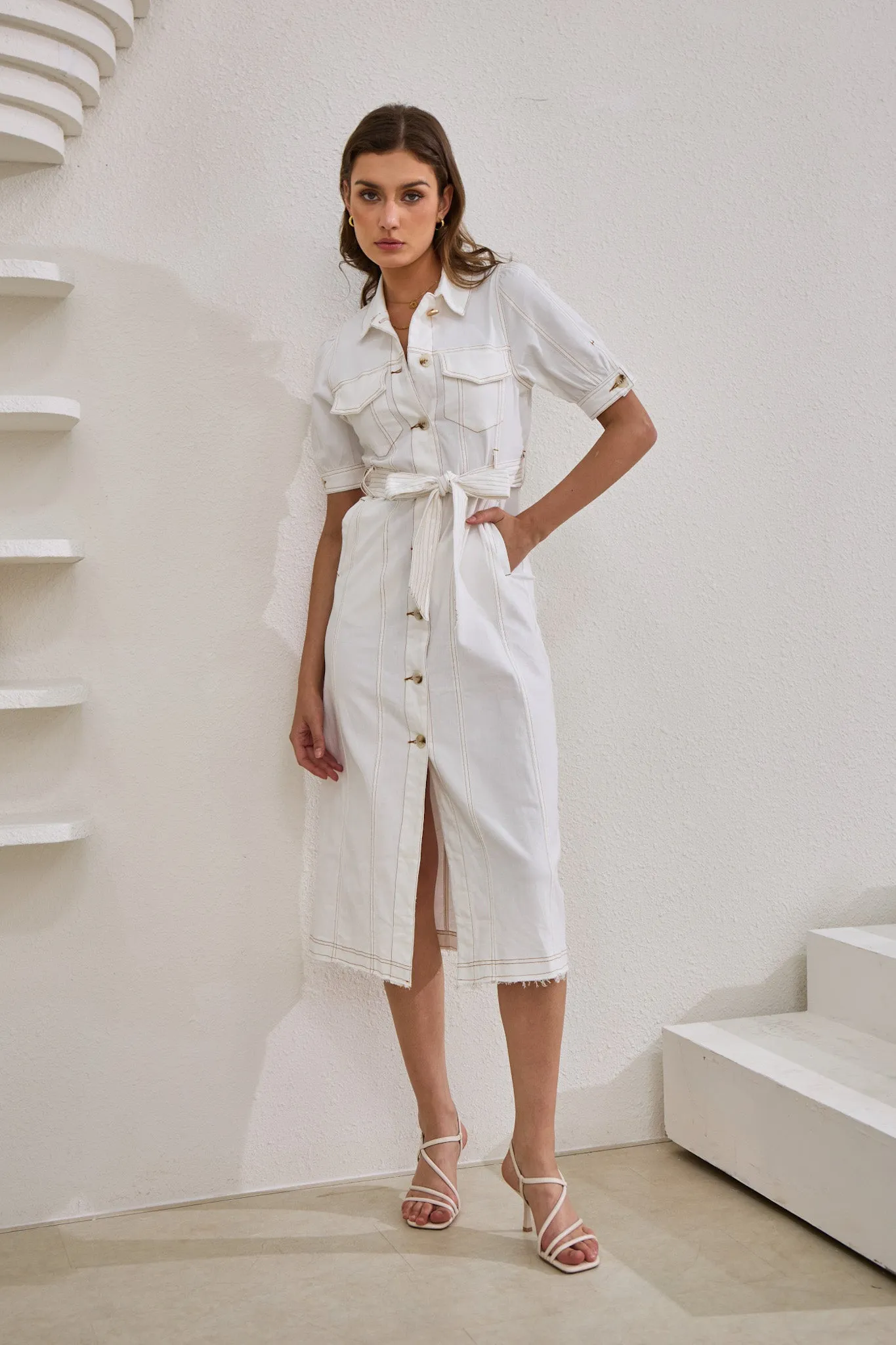 Coco White Button Down Belted Midi Dress