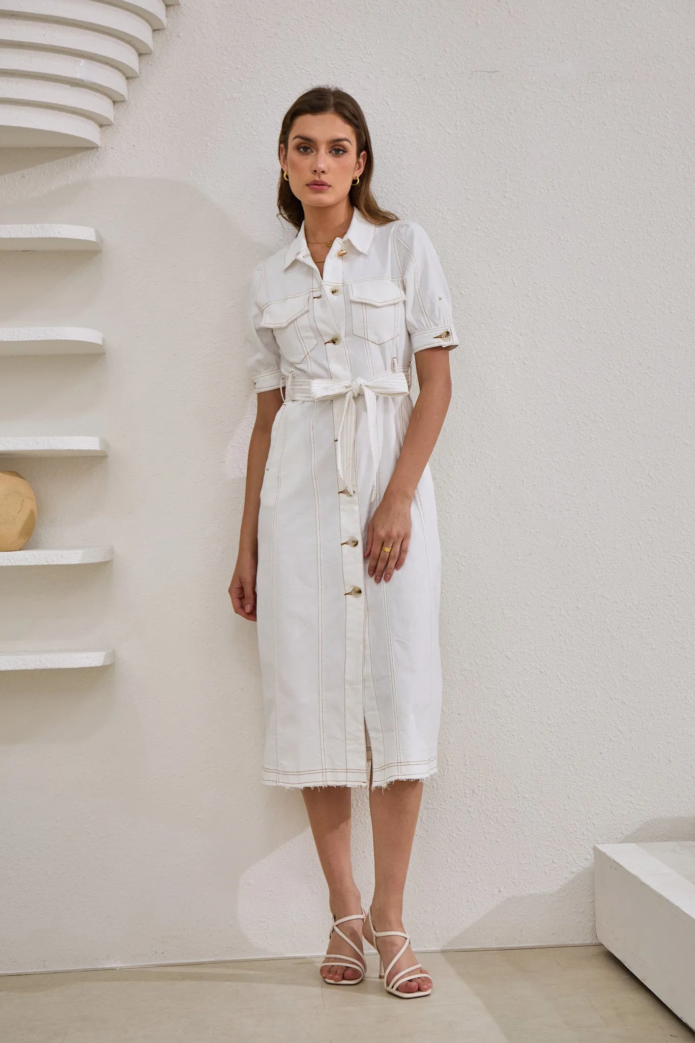 Coco White Button Down Belted Midi Dress
