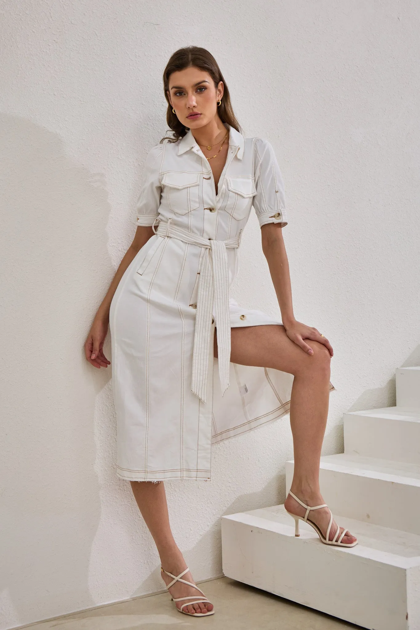 Coco White Button Down Belted Midi Dress