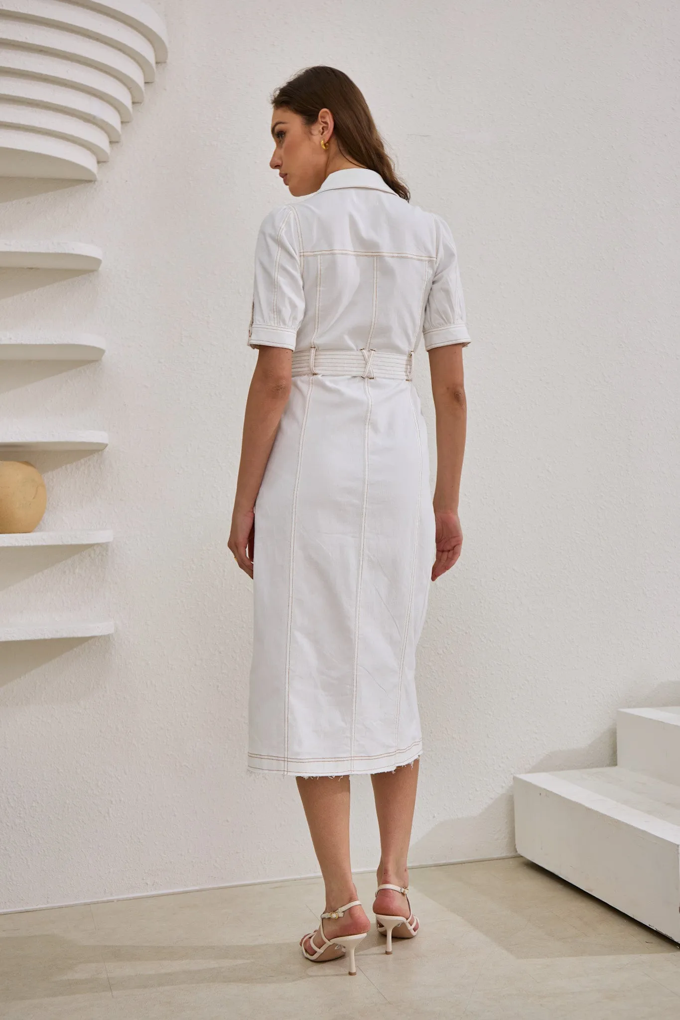 Coco White Button Down Belted Midi Dress