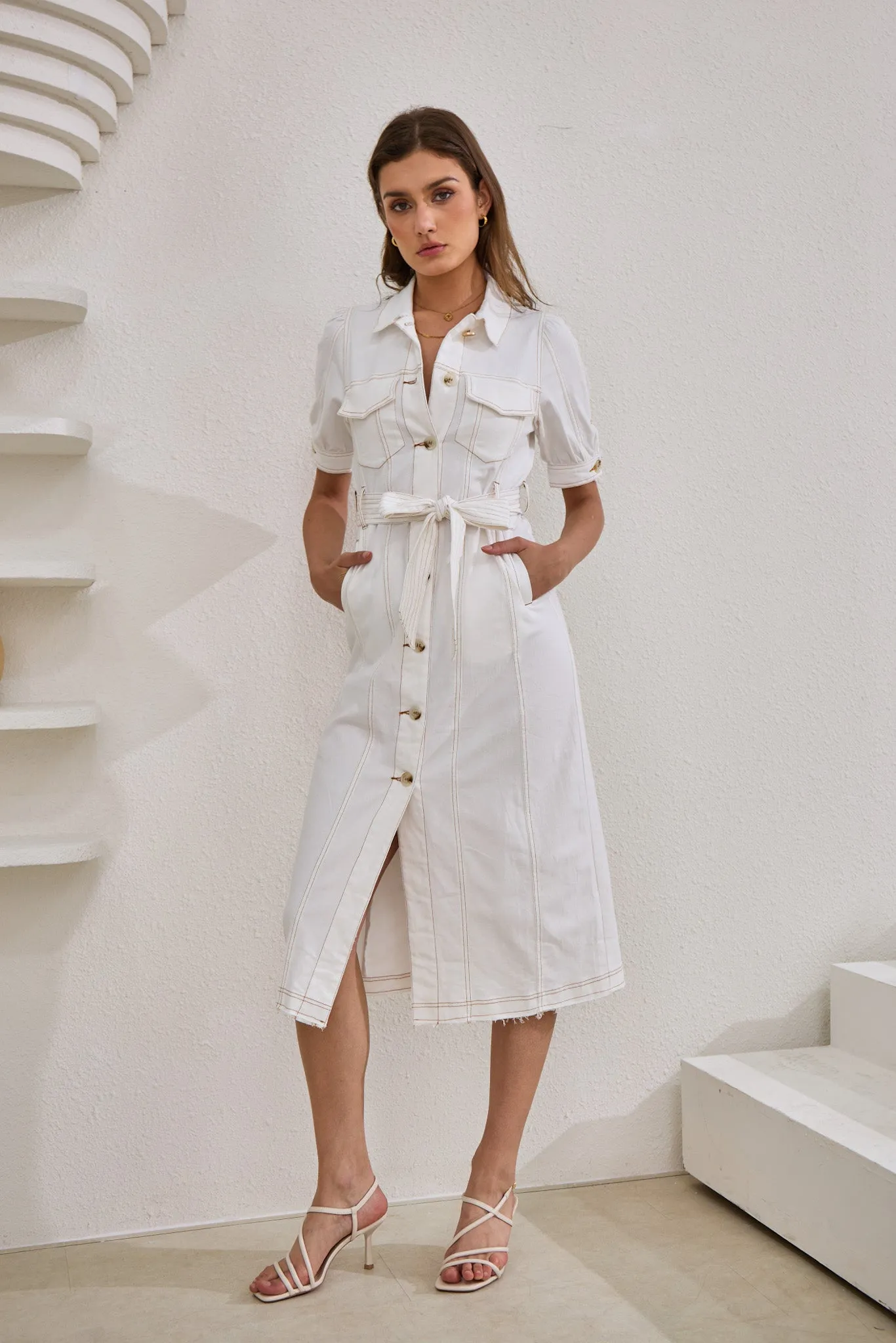 Coco White Button Down Belted Midi Dress