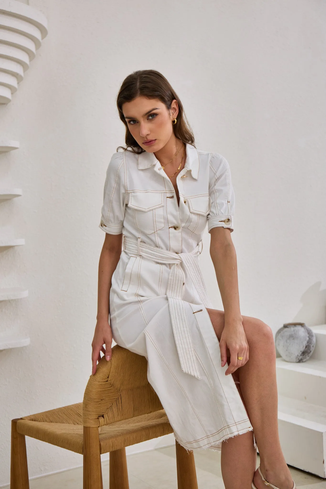 Coco White Button Down Belted Midi Dress