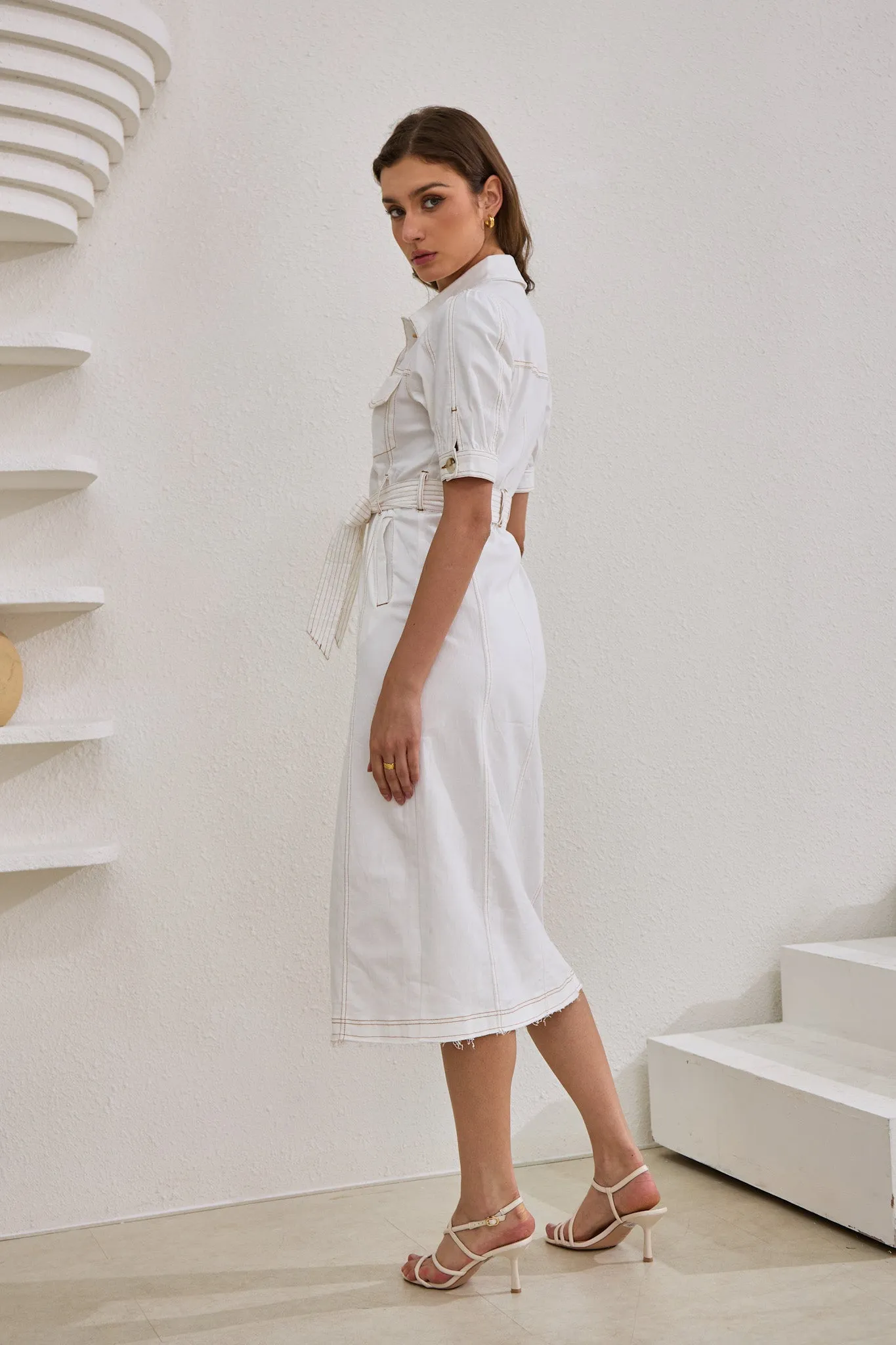 Coco White Button Down Belted Midi Dress