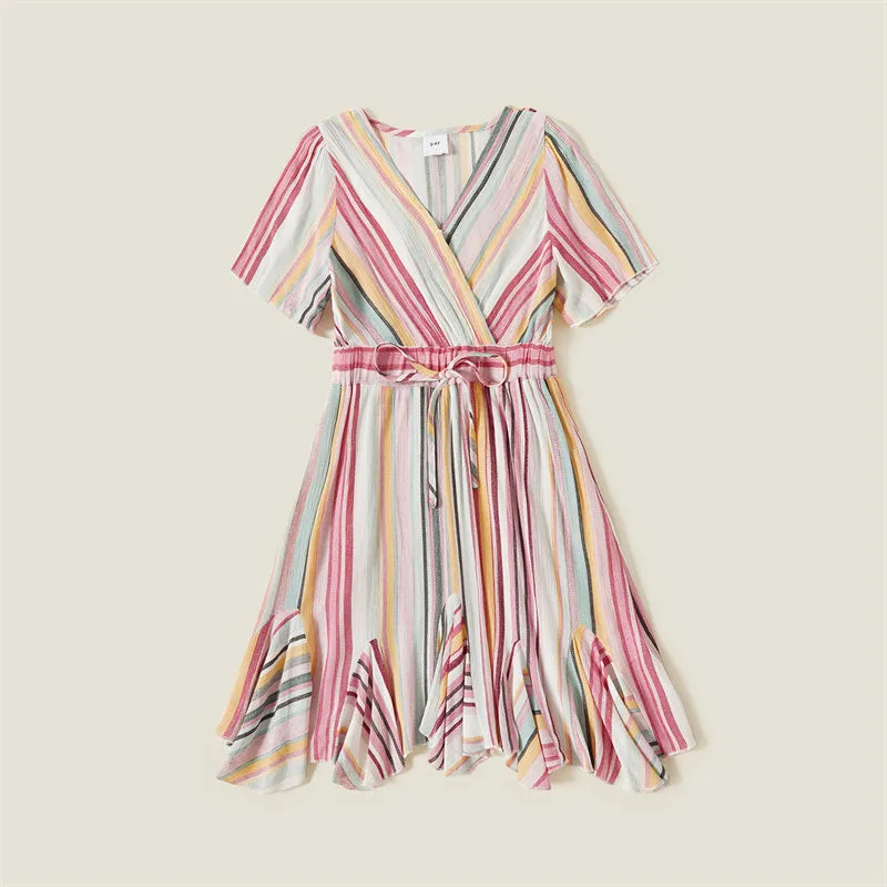 Colorful Striped Dress Stitching Short Sleeve T-shirt Family Matching Outfits