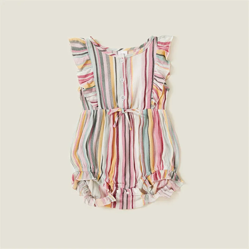 Colorful Striped Dress Stitching Short Sleeve T-shirt Family Matching Outfits