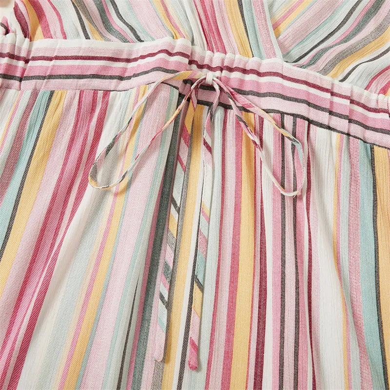 Colorful Striped Dress Stitching Short Sleeve T-shirt Family Matching Outfits