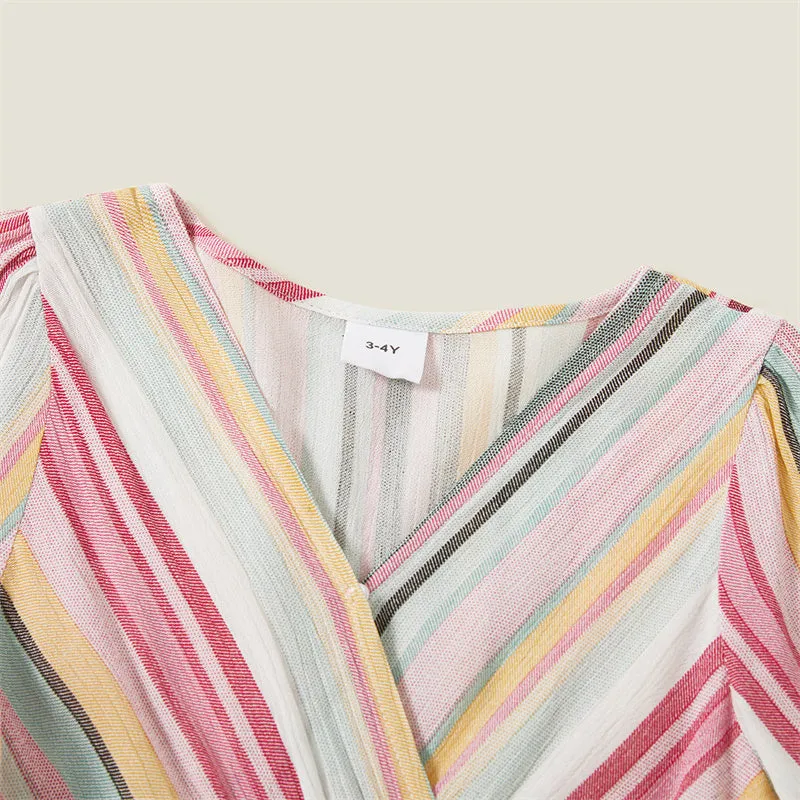 Colorful Striped Dress Stitching Short Sleeve T-shirt Family Matching Outfits