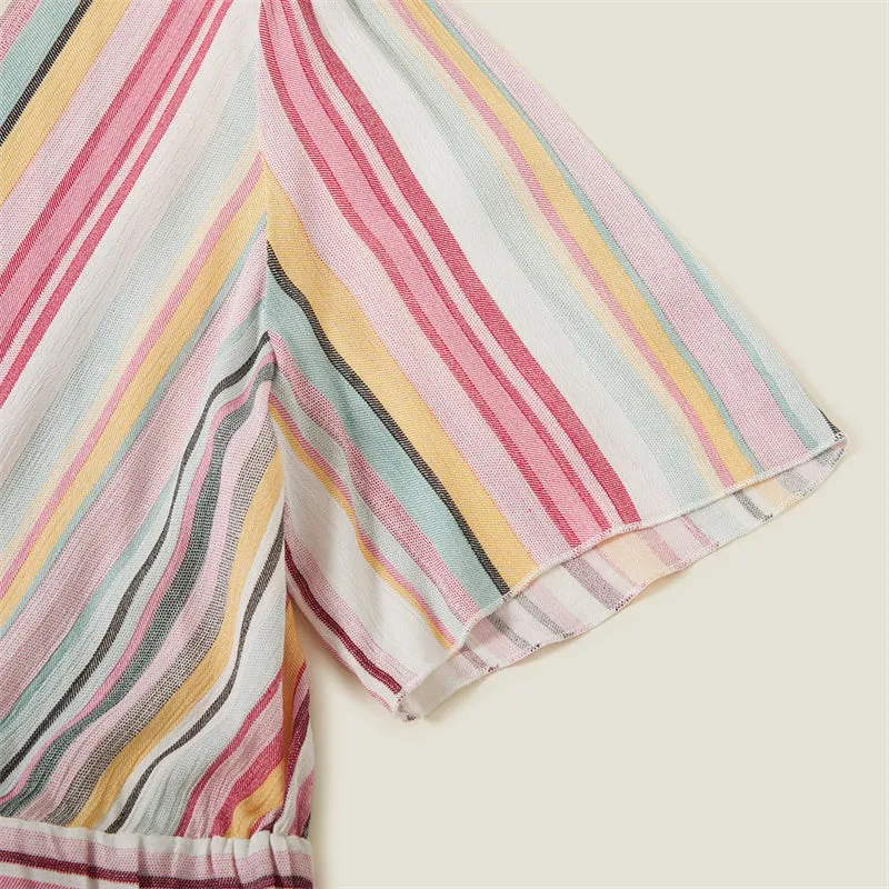 Colorful Striped Dress Stitching Short Sleeve T-shirt Family Matching Outfits