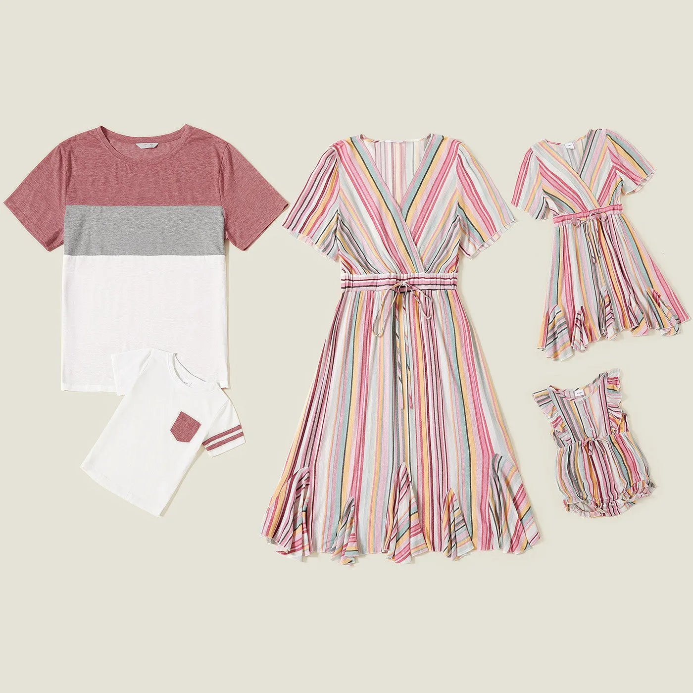 Colorful Striped Dress Stitching Short Sleeve T-shirt Family Matching Outfits