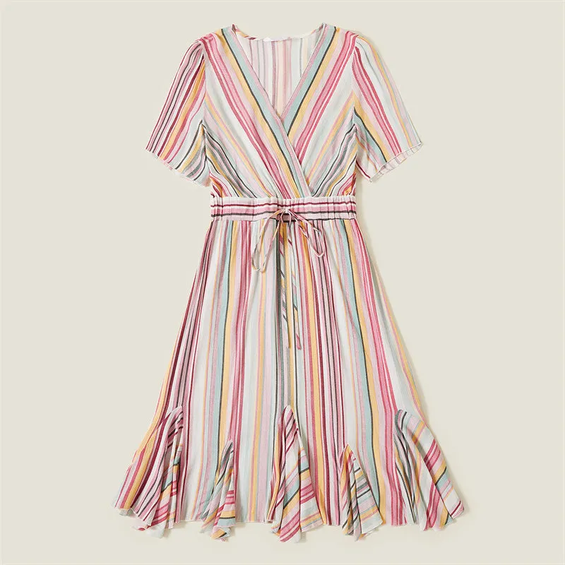 Colorful Striped Dress Stitching Short Sleeve T-shirt Family Matching Outfits