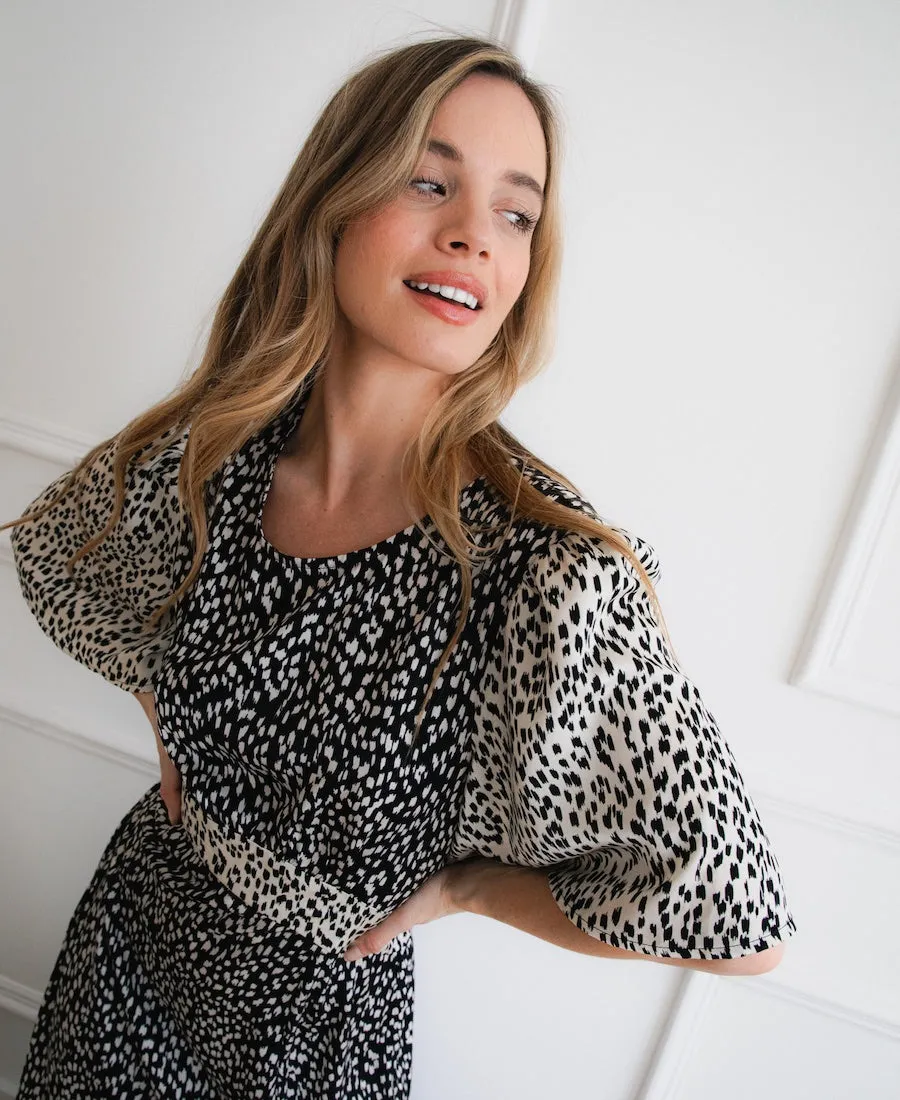 Contrast Animal Satin Midi Occasion Dress