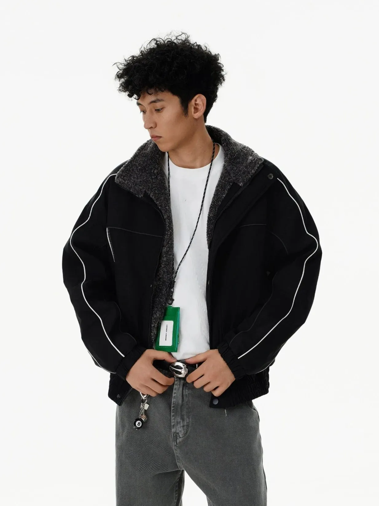 Contrast Stripe Detail Shearling Lined Zip Jacket