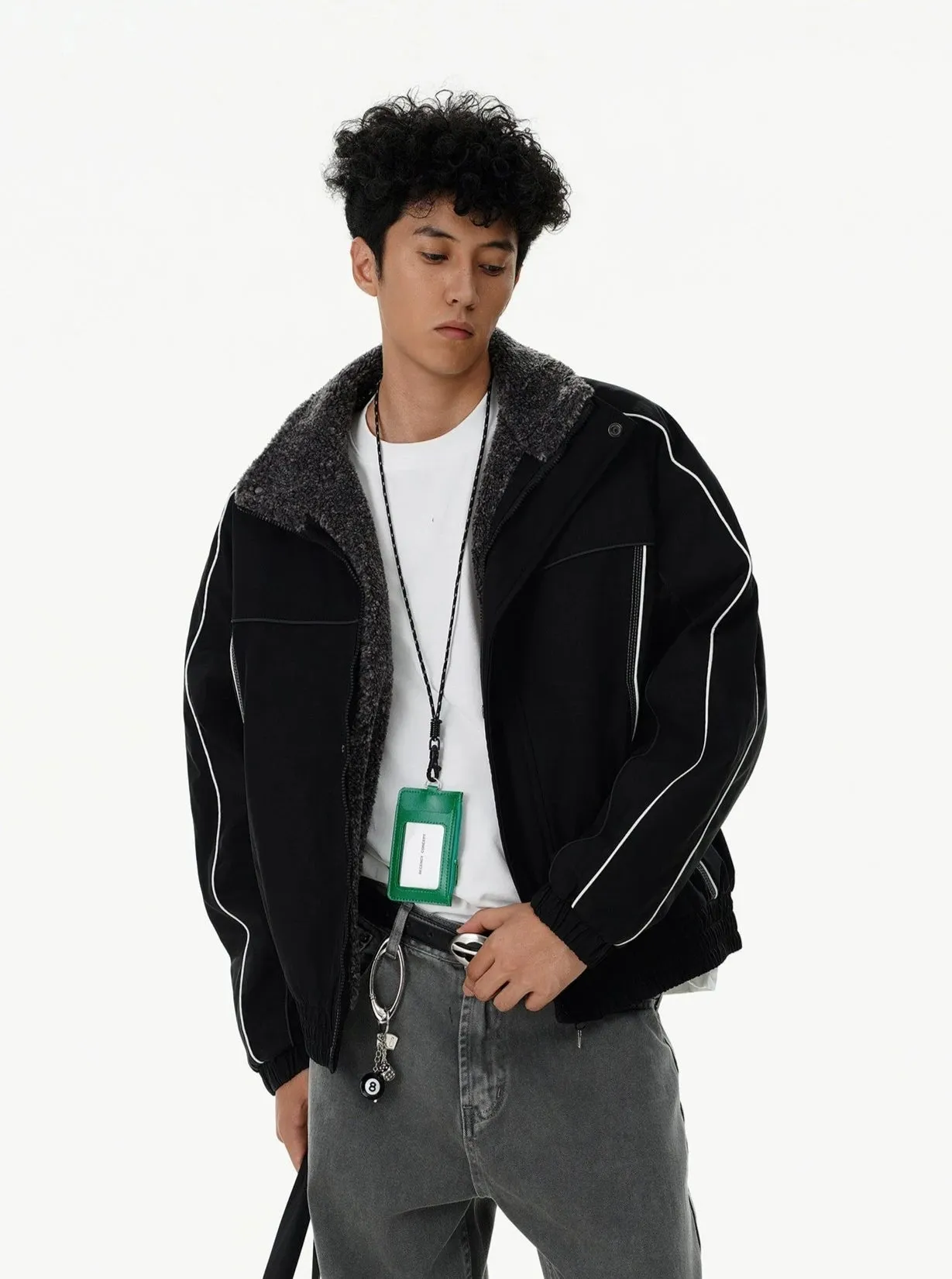 Contrast Stripe Detail Shearling Lined Zip Jacket
