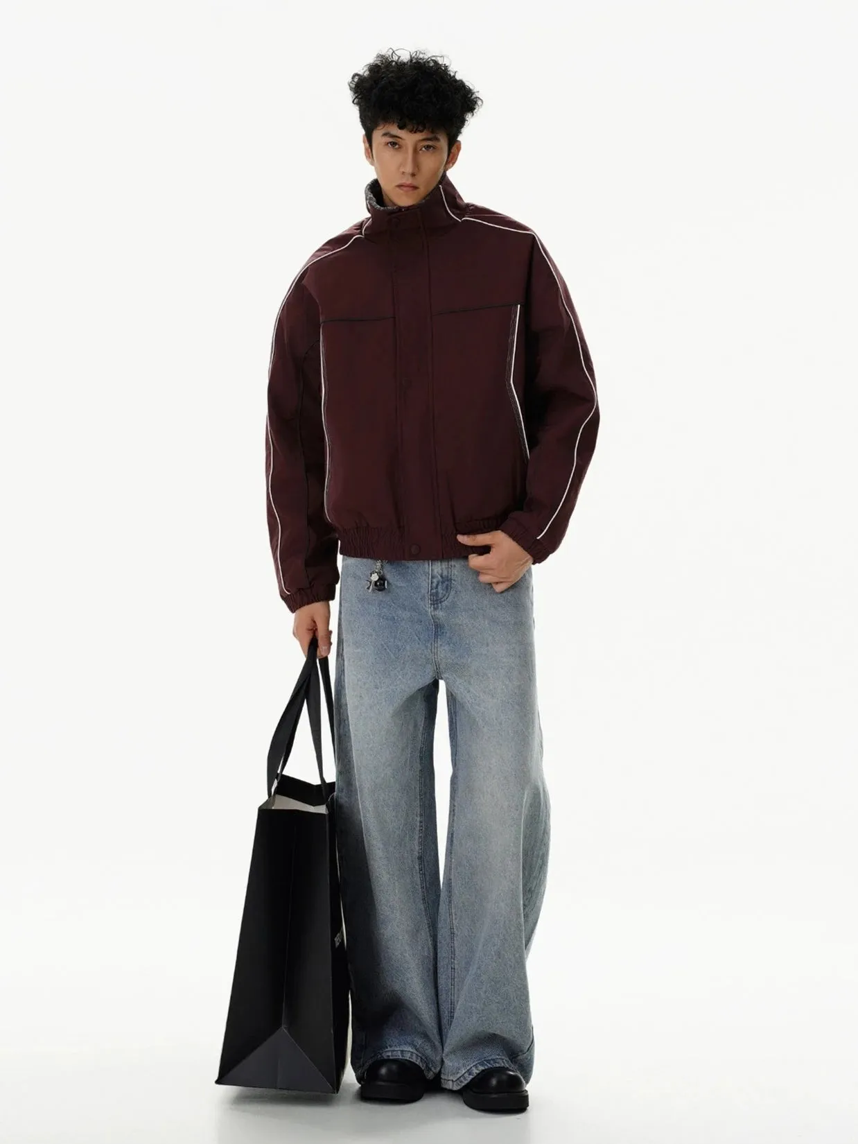 Contrast Stripe Detail Shearling Lined Zip Jacket