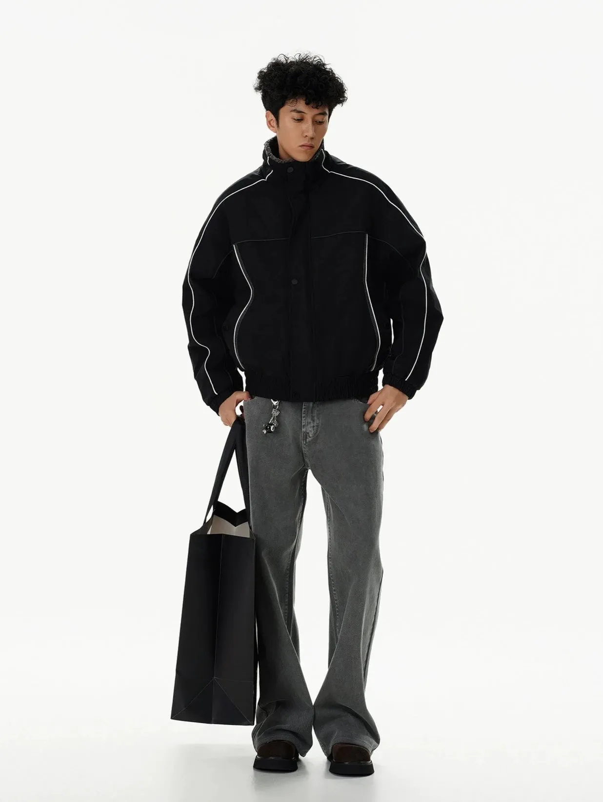 Contrast Stripe Detail Shearling Lined Zip Jacket