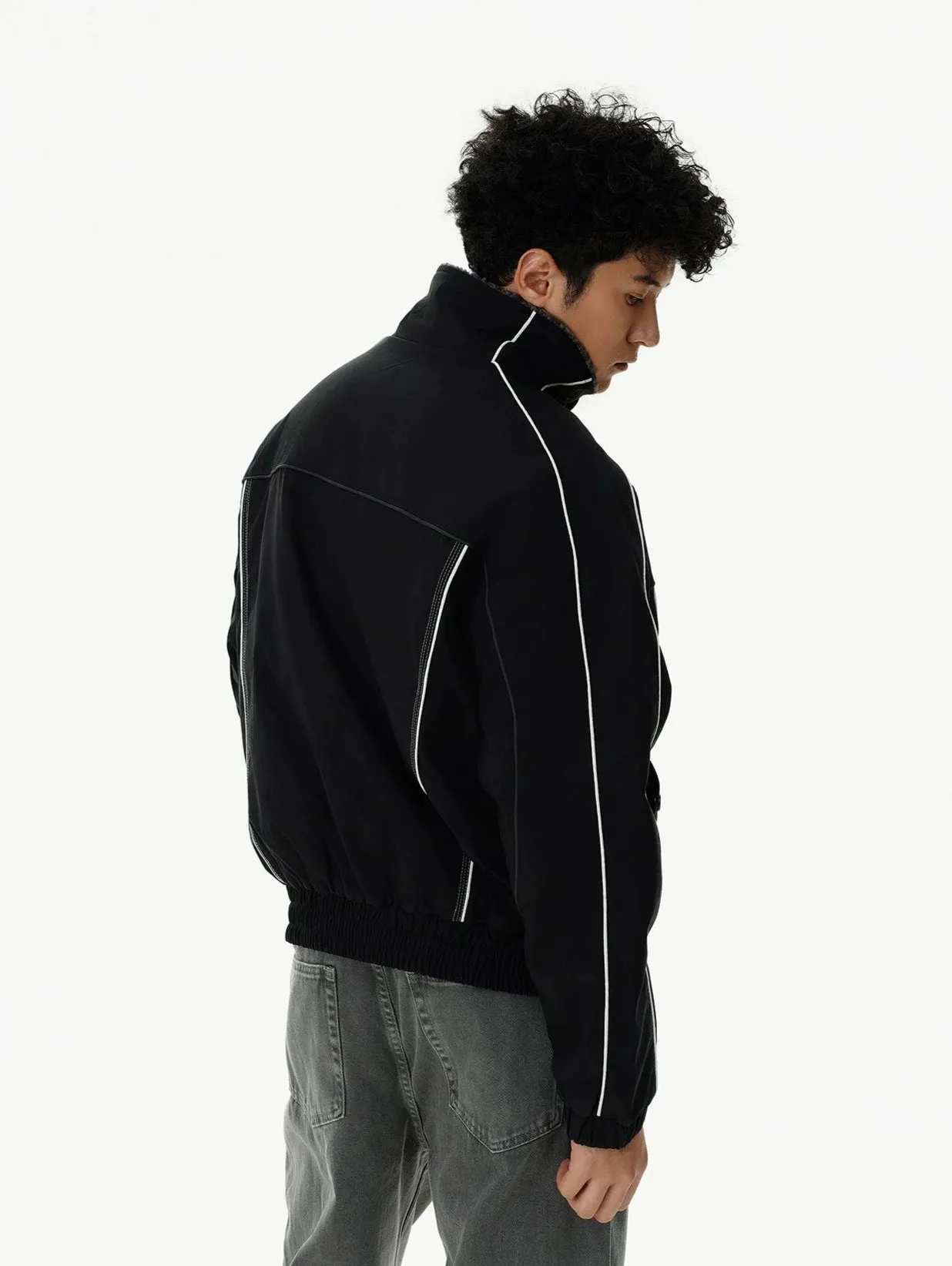 Contrast Stripe Detail Shearling Lined Zip Jacket