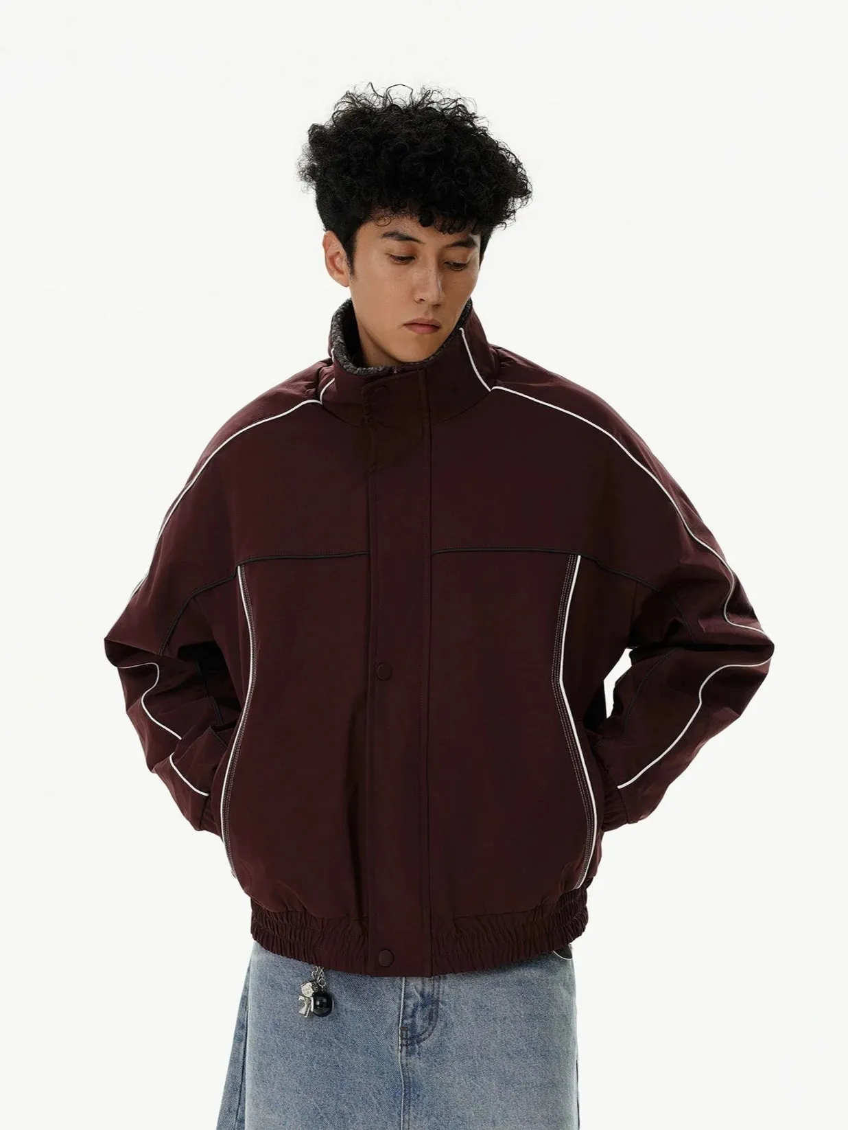 Contrast Stripe Detail Shearling Lined Zip Jacket