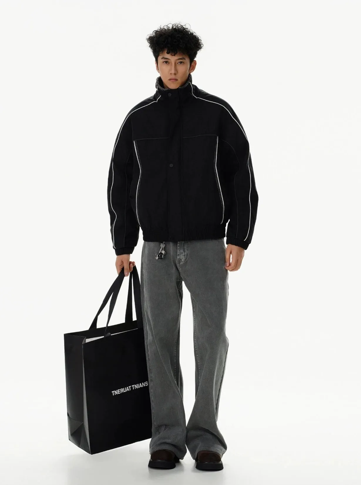 Contrast Stripe Detail Shearling Lined Zip Jacket
