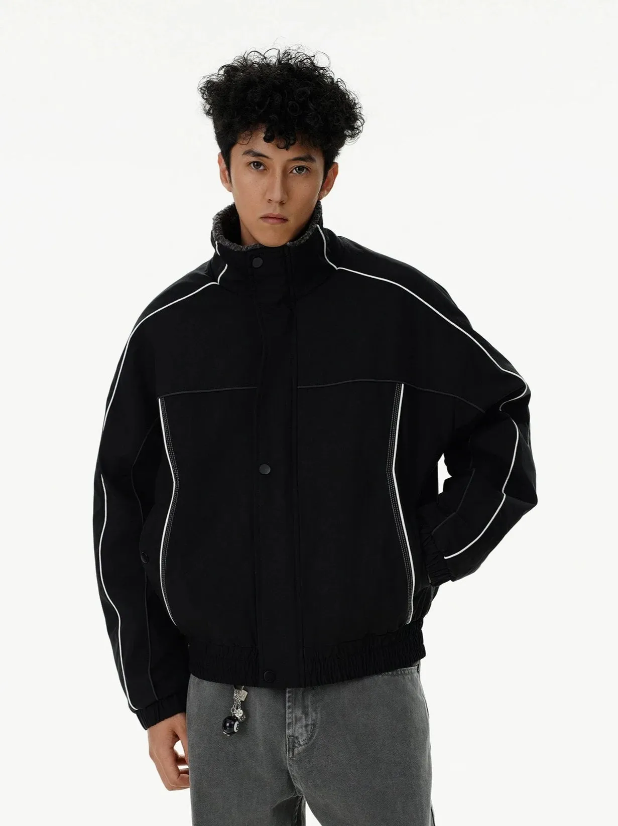 Contrast Stripe Detail Shearling Lined Zip Jacket
