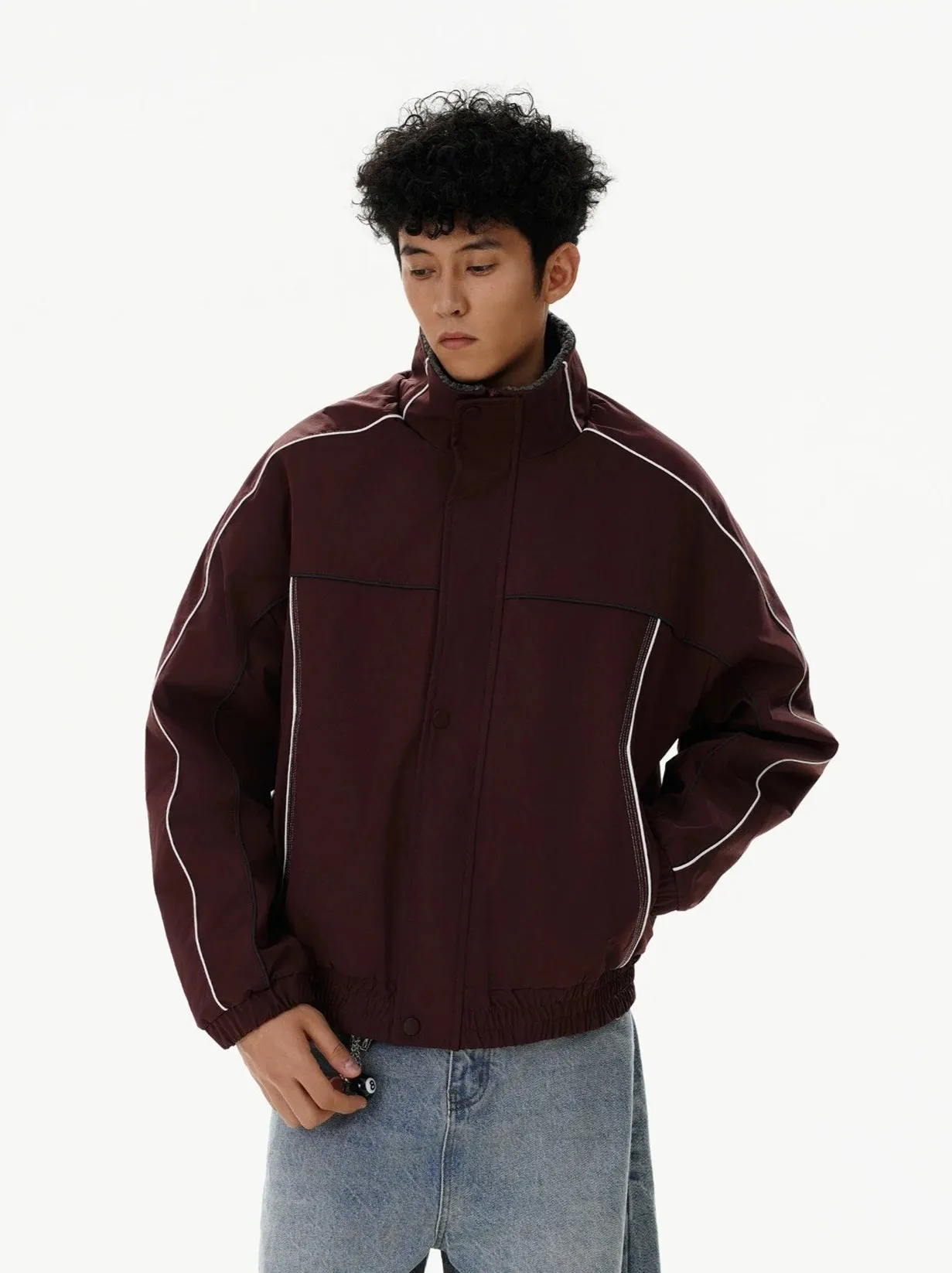 Contrast Stripe Detail Shearling Lined Zip Jacket