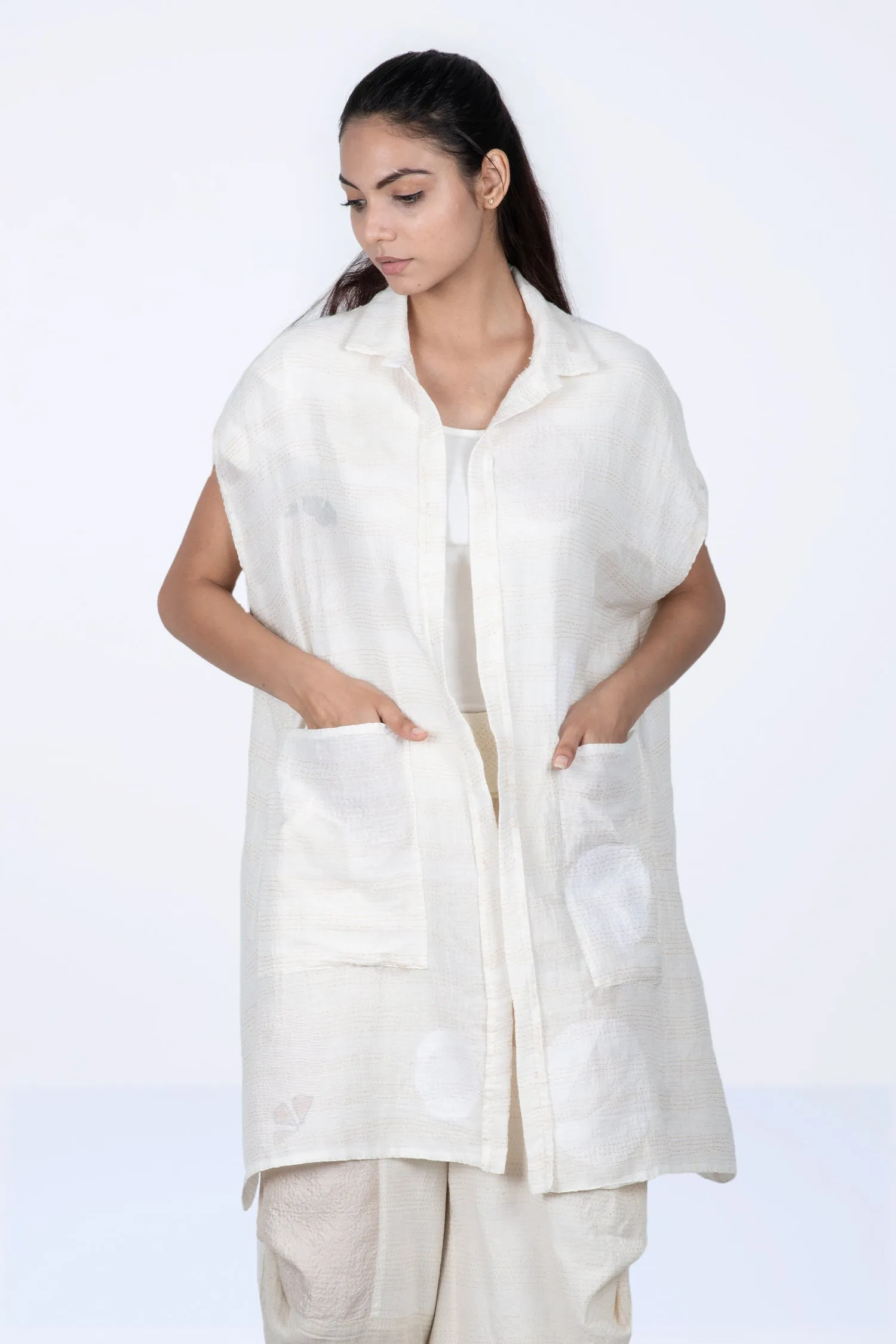 CUT THROUGH DOT AND HOLES KANTHA SHIRT DRESS - cd2426-ivy -