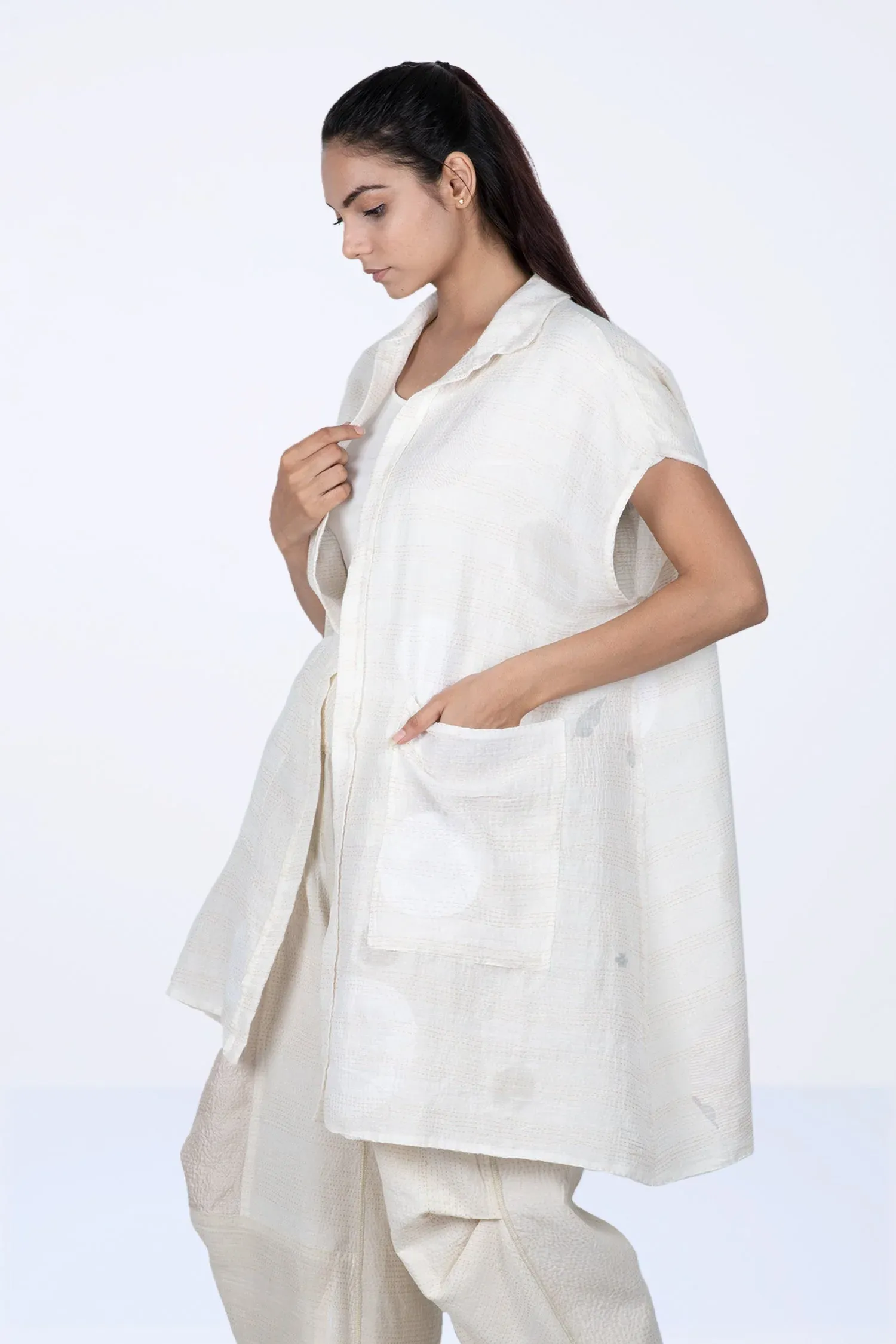 CUT THROUGH DOT AND HOLES KANTHA SHIRT DRESS - cd2426-ivy -