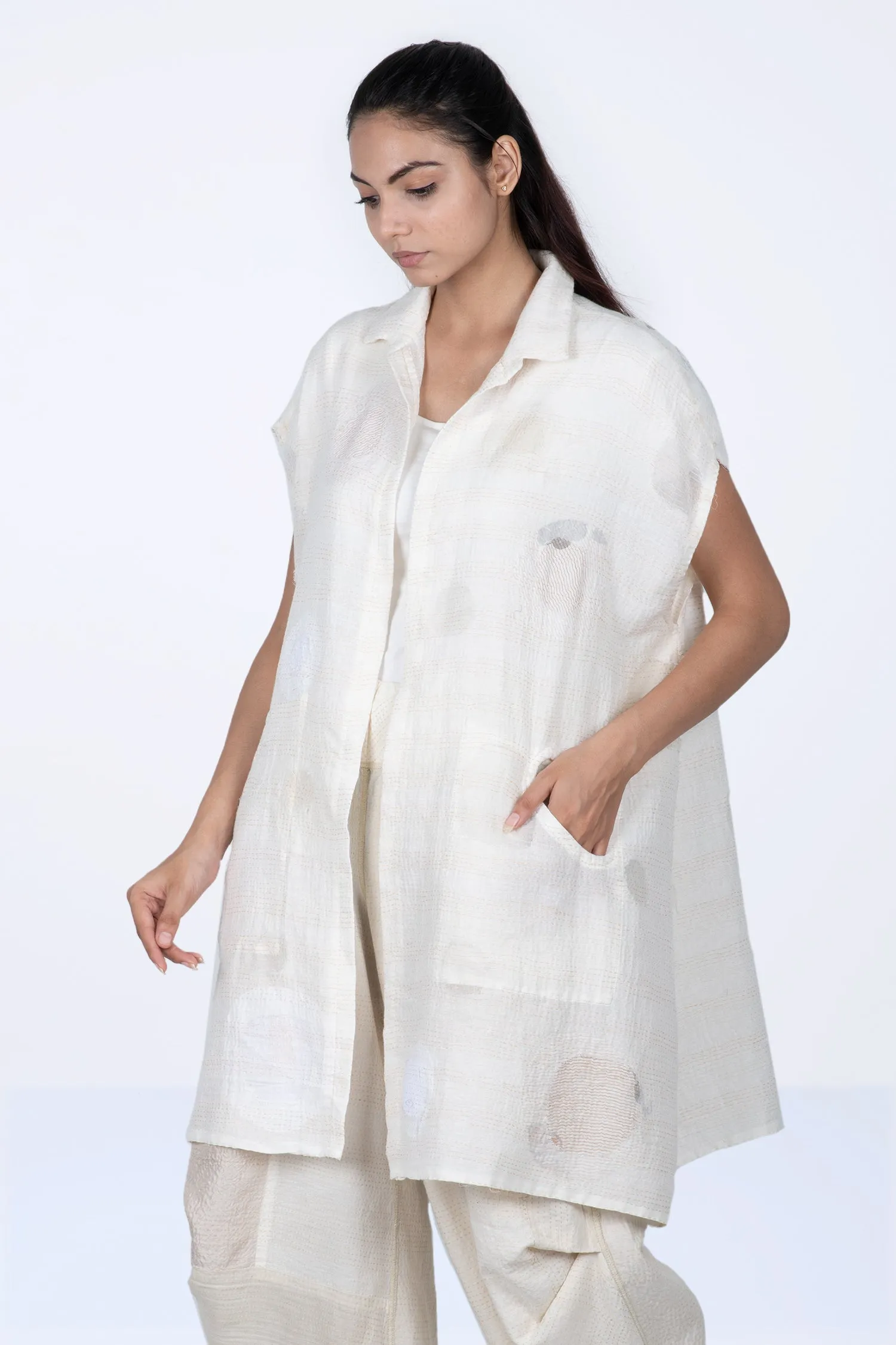 CUT THROUGH DOT AND HOLES KANTHA SHIRT DRESS - cd2426-ivy -