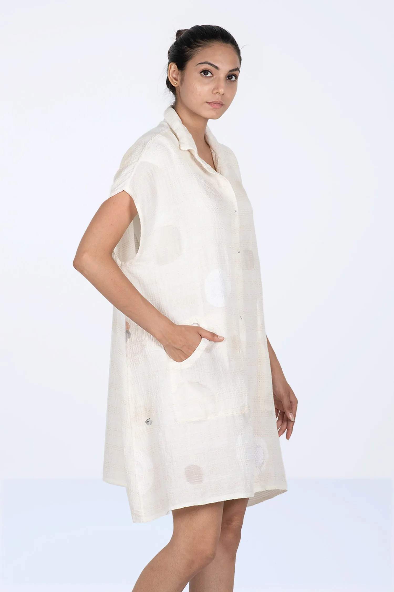 CUT THROUGH DOT AND HOLES KANTHA SHIRT DRESS - cd2426-ivy -
