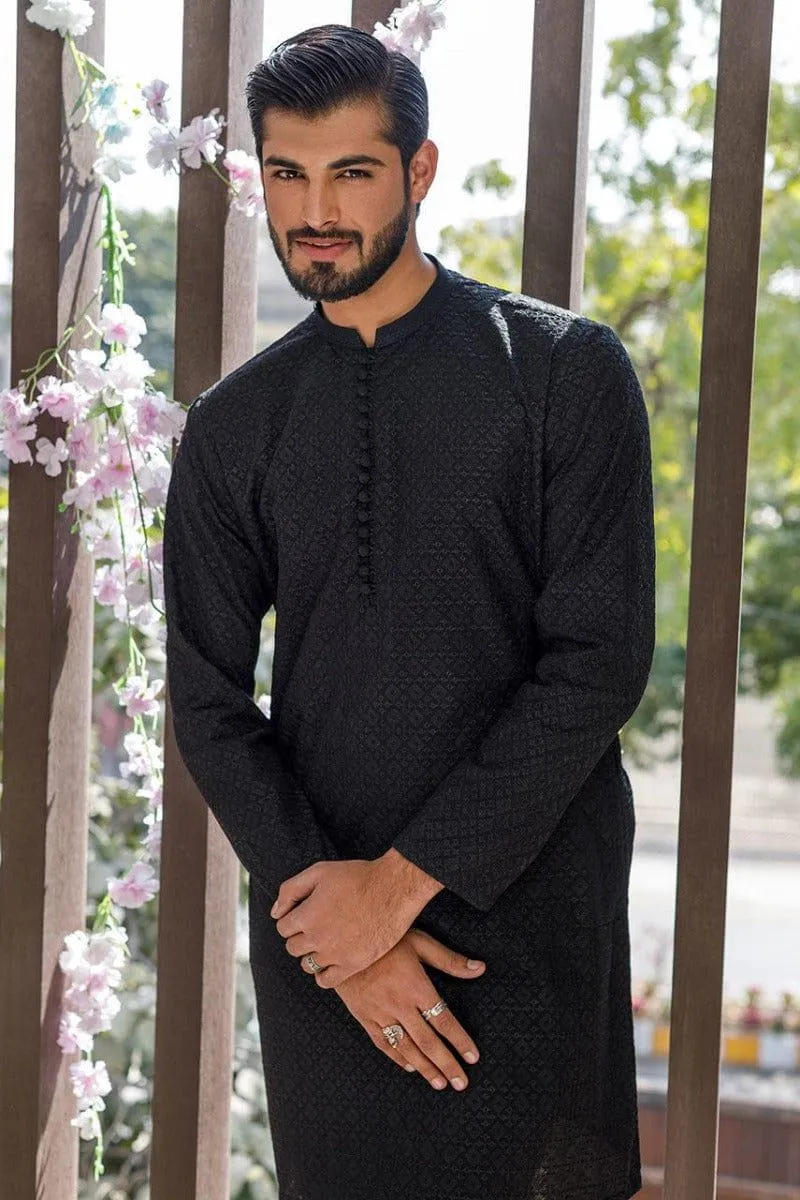 Deepak Perwani Men - Black Cotton Embroidered Kurta Pajama - MOF1883 - 2 Piece