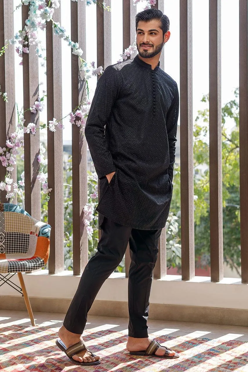 Deepak Perwani Men - Black Cotton Embroidered Kurta Pajama - MOF1883 - 2 Piece