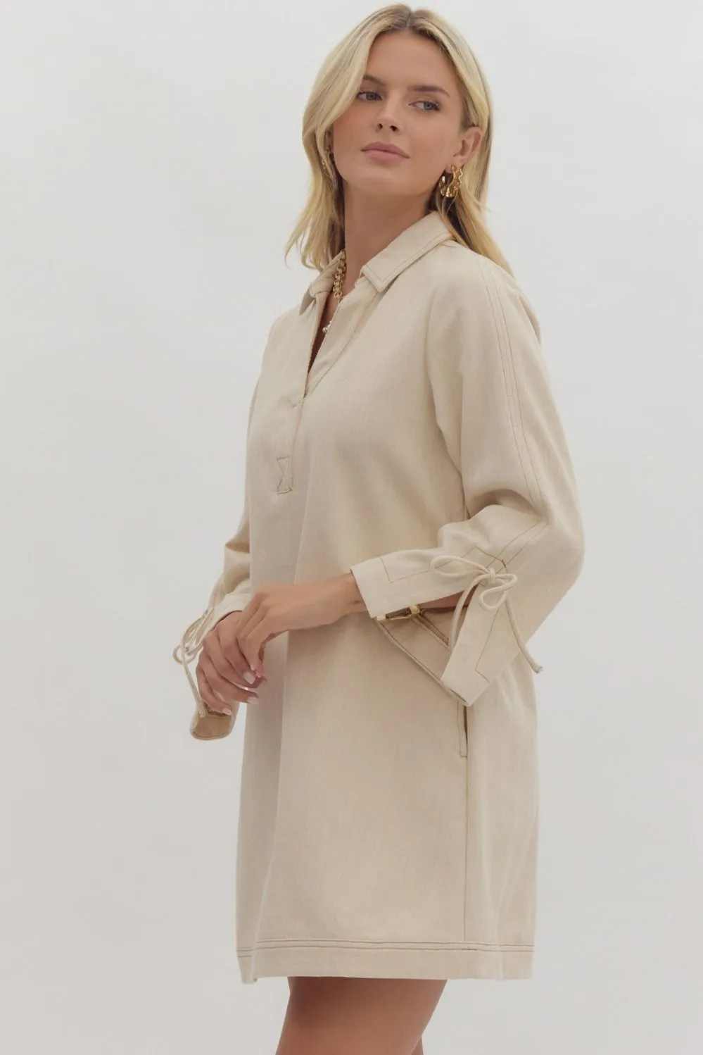 Denim Long Sleeve Pullover Dress - Sand