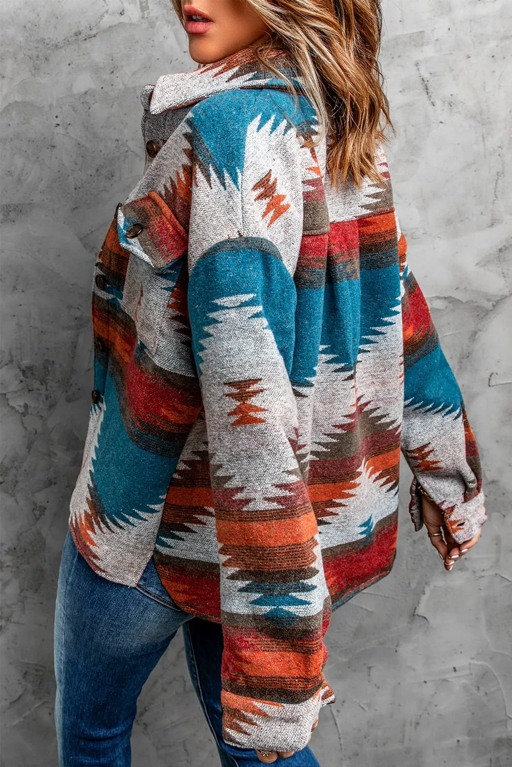 Distressed Aztec Print Lapel Shacket