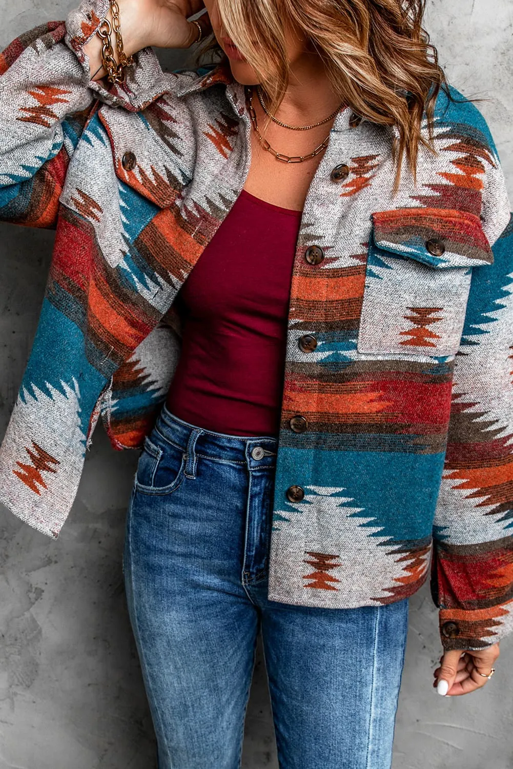 Distressed Aztec Print Lapel Shacket