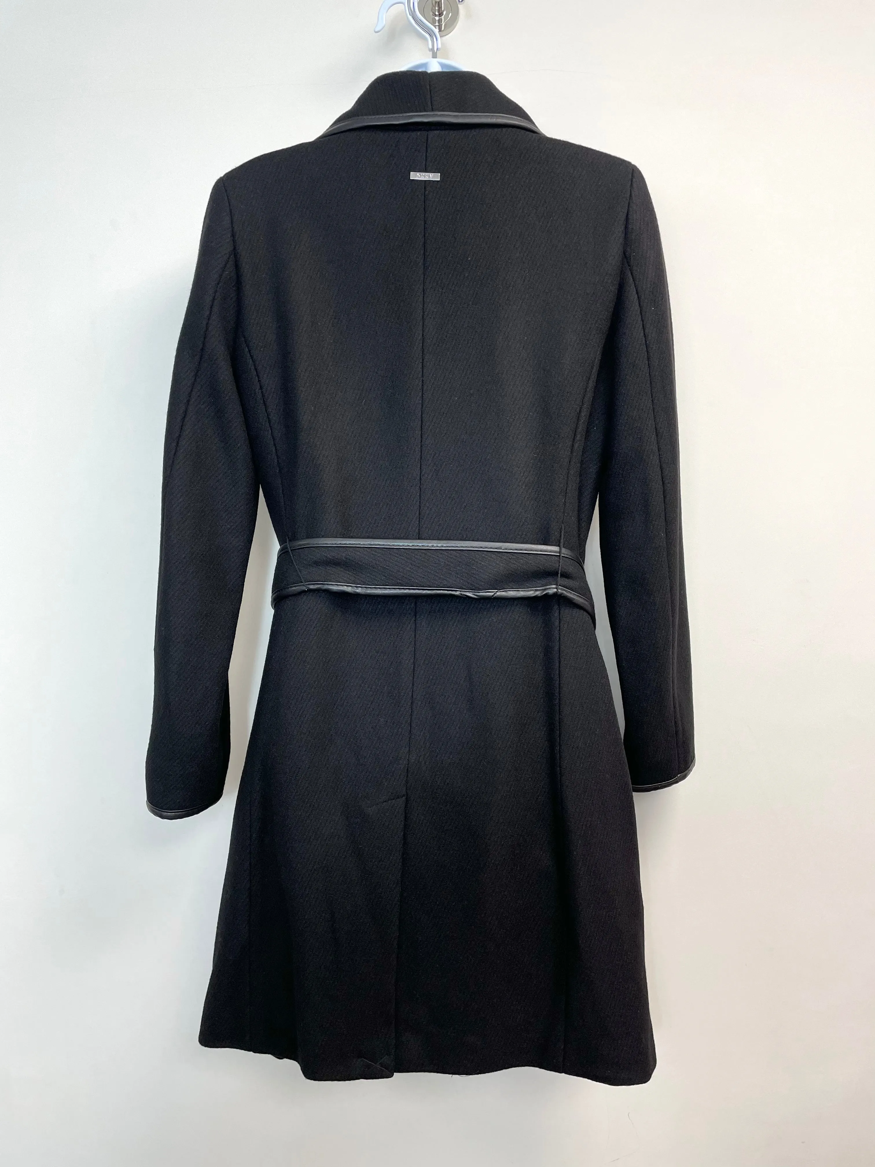 DKNY Women's Wool Blend Leather Trim Wrap Coat in Black - Size XS