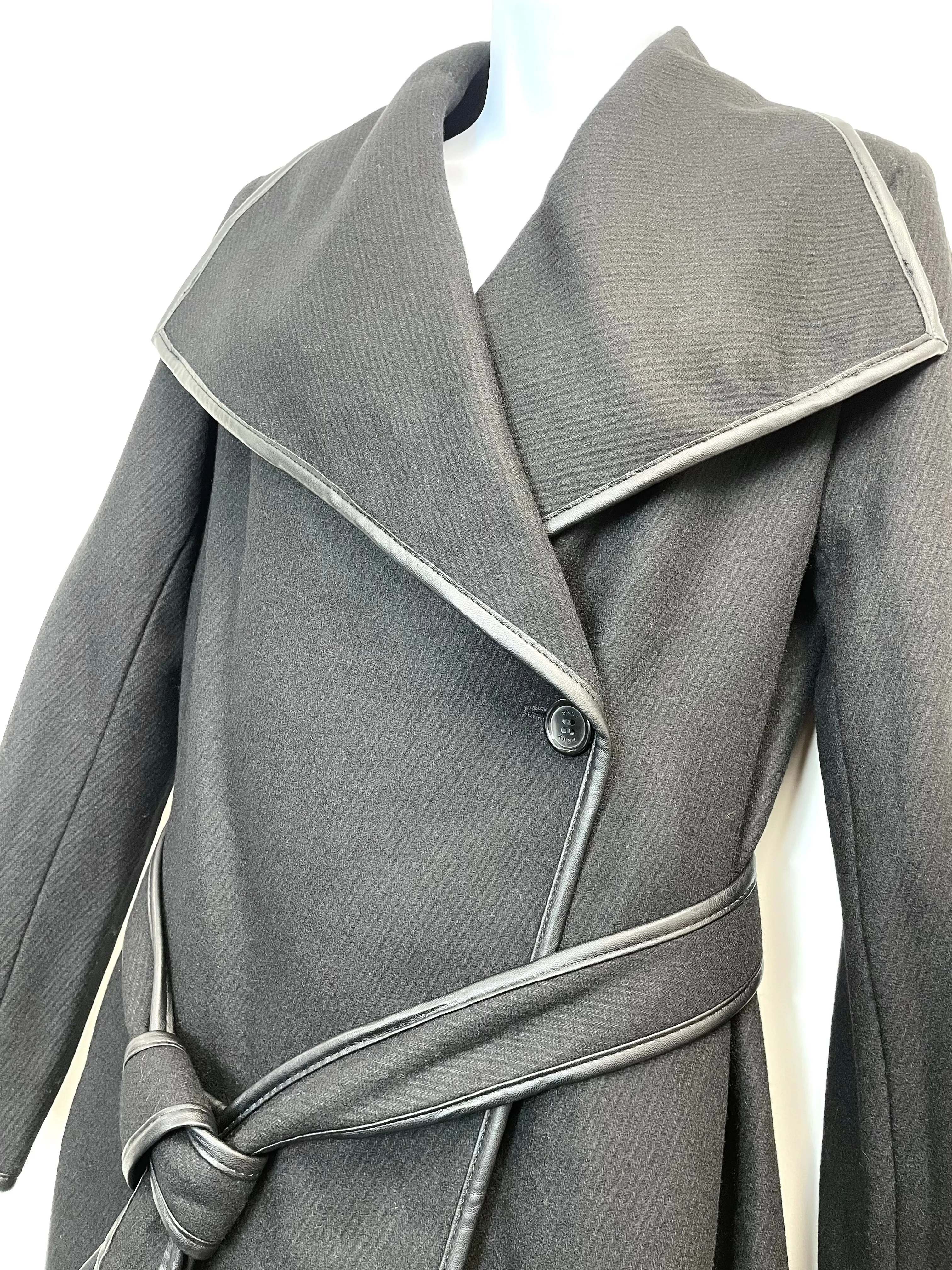 DKNY Women's Wool Blend Leather Trim Wrap Coat in Black - Size XS