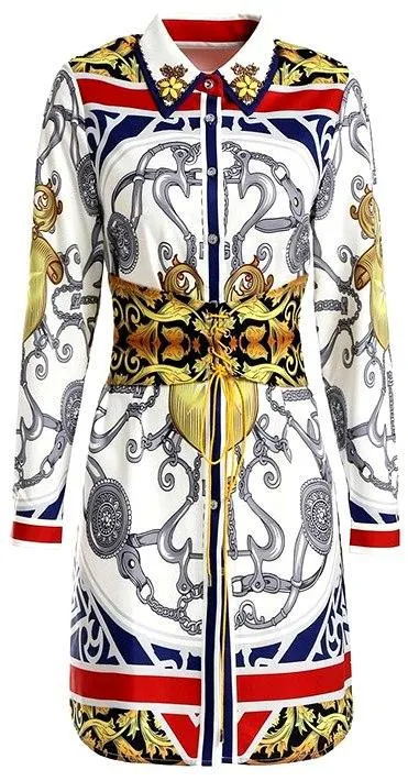 Embellished-Collar Printed Mini Shirt Dress with Corset Belt