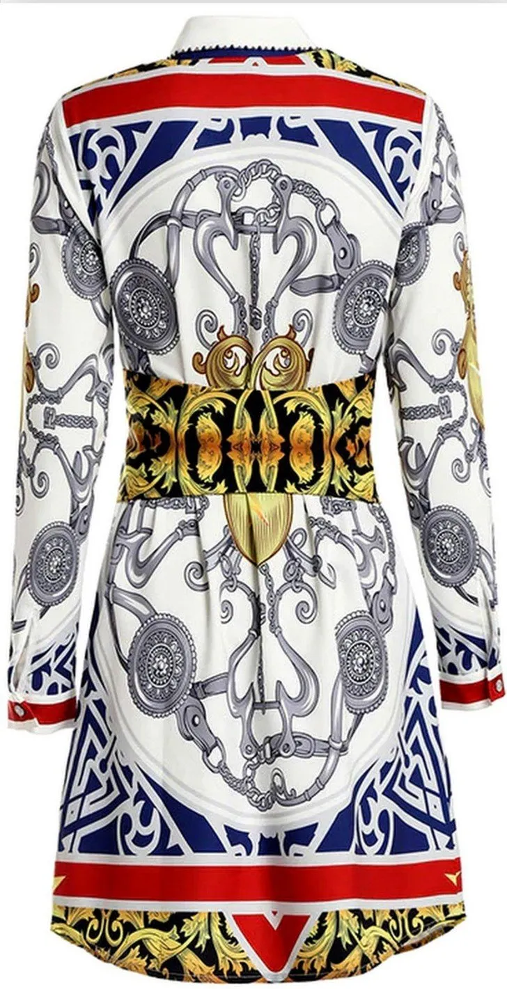 Embellished-Collar Printed Mini Shirt Dress with Corset Belt