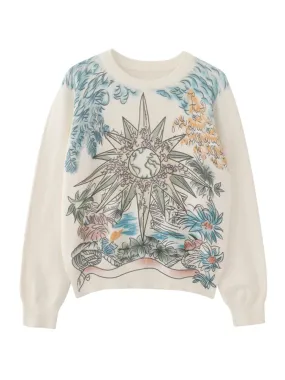Fall Winter Women Casual Style Floral Pattern Printing Pullover Sweater Classic Crew Neck Knit Tops C-069-3