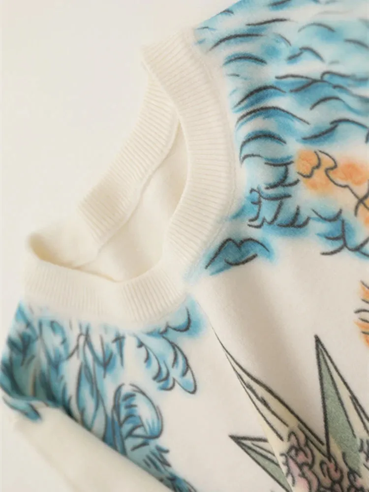 Fall Winter Women Casual Style Floral Pattern Printing Pullover Sweater Classic Crew Neck Knit Tops C-069-3