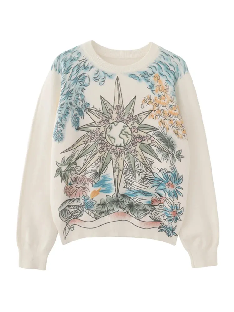 Fall Winter Women Casual Style Floral Pattern Printing Pullover Sweater Classic Crew Neck Knit Tops C-069-3
