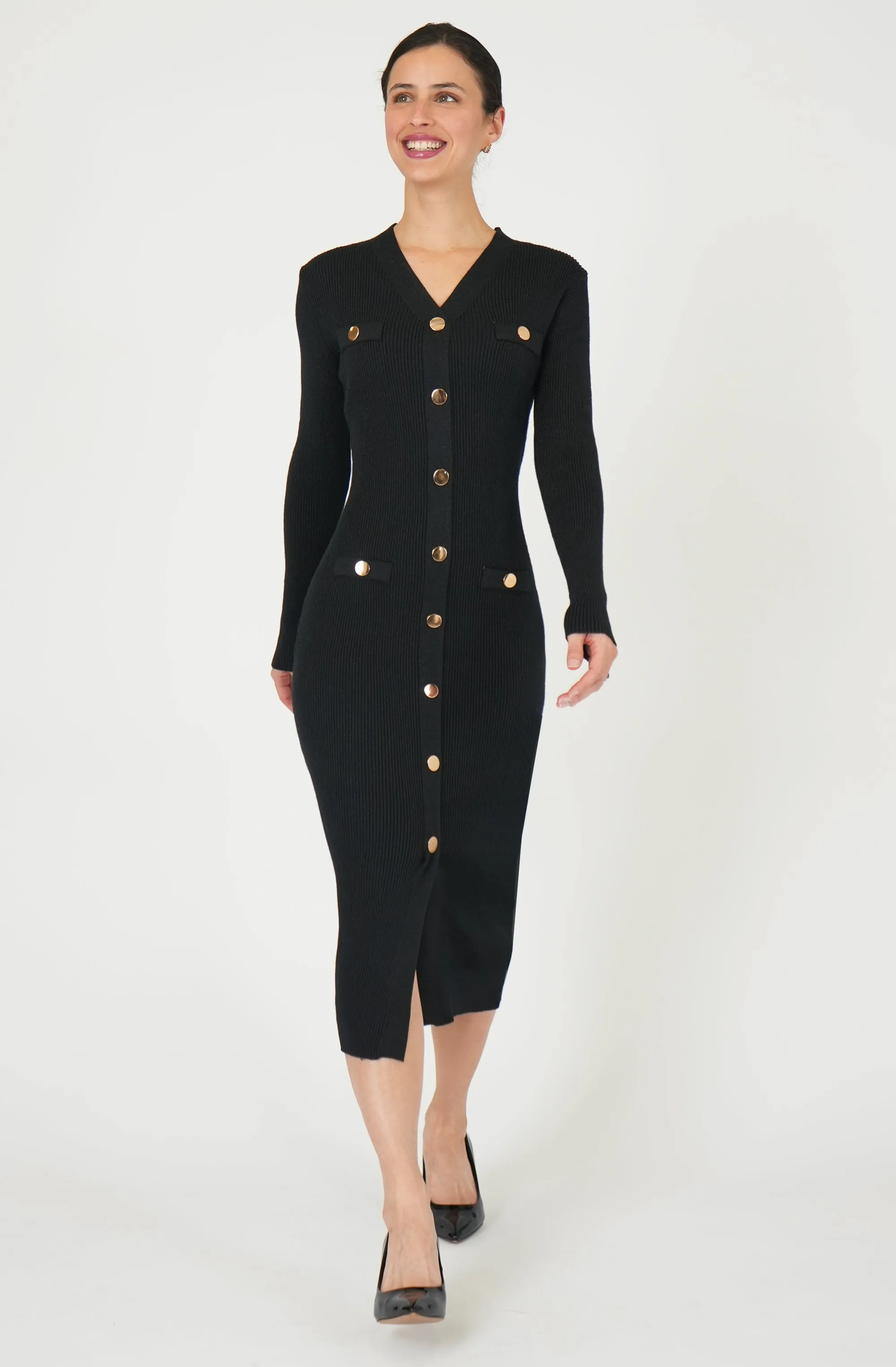 Fitted Midi Knit Dress with Gold Buttons