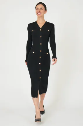 Fitted Midi Knit Dress with Gold Buttons
