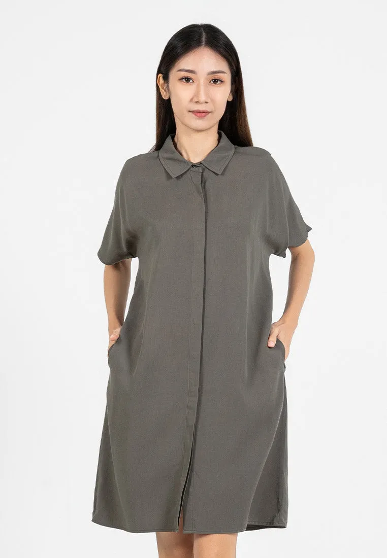 Forest Ladies Rayon Lyocell Plain Shirt Dress Women Short Sleeve Shirt Dress| Baju Kemeja Perempuan - 885078