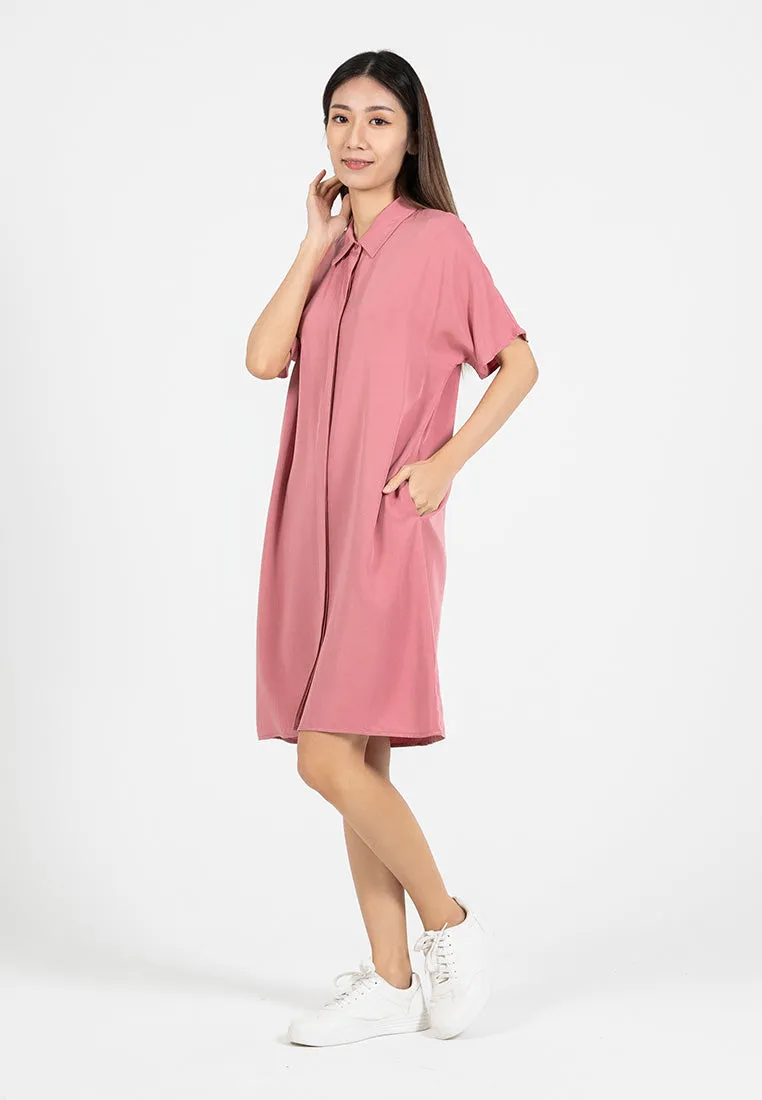 Forest Ladies Rayon Lyocell Plain Shirt Dress Women Short Sleeve Shirt Dress| Baju Kemeja Perempuan - 885078