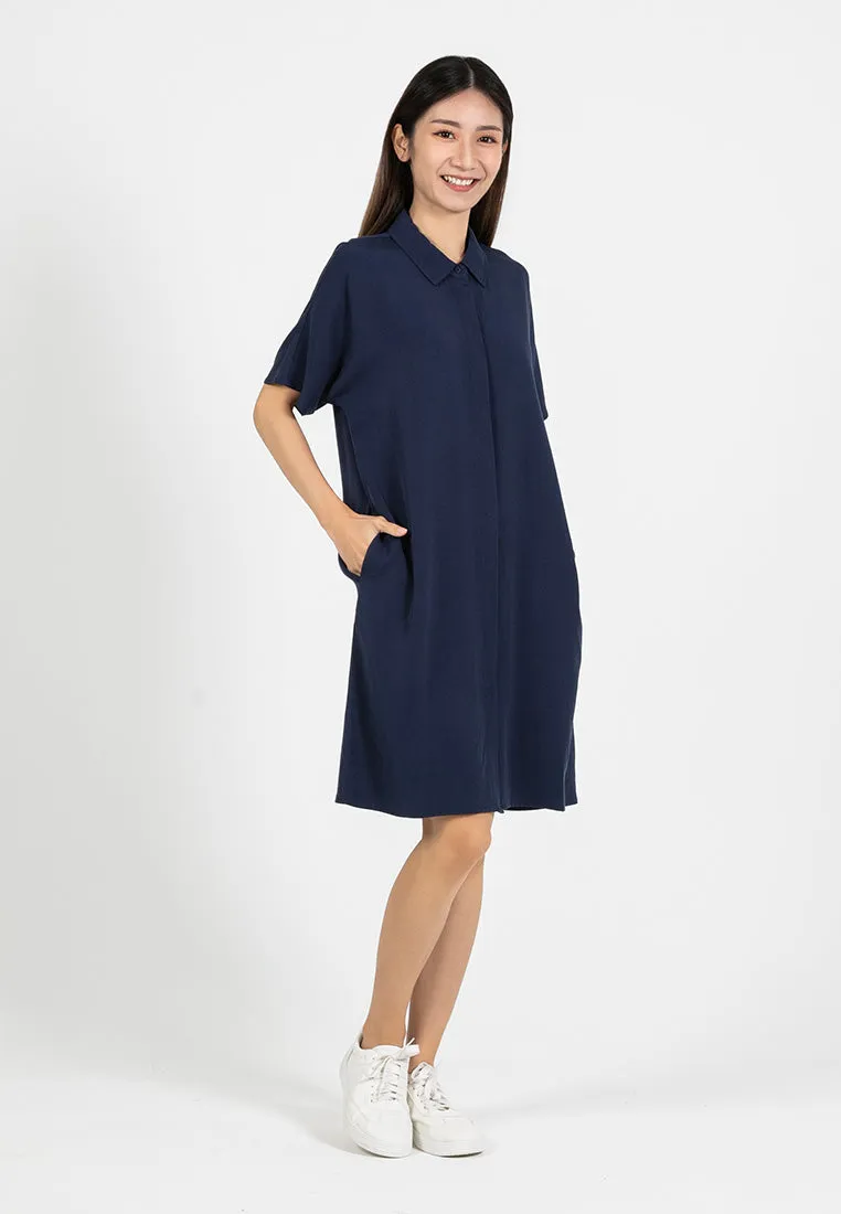 Forest Ladies Rayon Lyocell Plain Shirt Dress Women Short Sleeve Shirt Dress| Baju Kemeja Perempuan - 885078