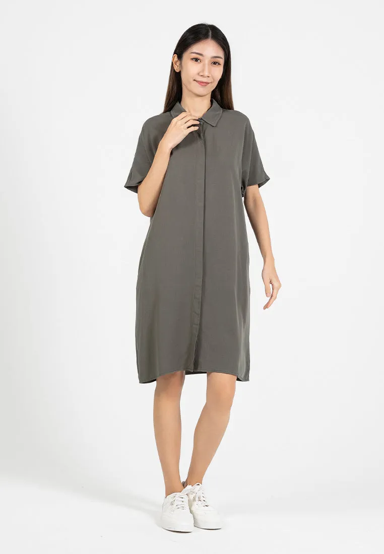 Forest Ladies Rayon Lyocell Plain Shirt Dress Women Short Sleeve Shirt Dress| Baju Kemeja Perempuan - 885078