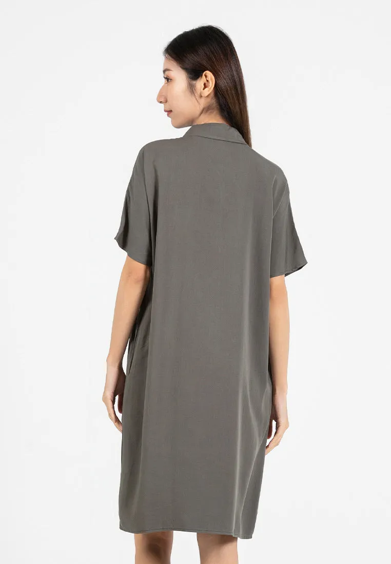 Forest Ladies Rayon Lyocell Plain Shirt Dress Women Short Sleeve Shirt Dress| Baju Kemeja Perempuan - 885078