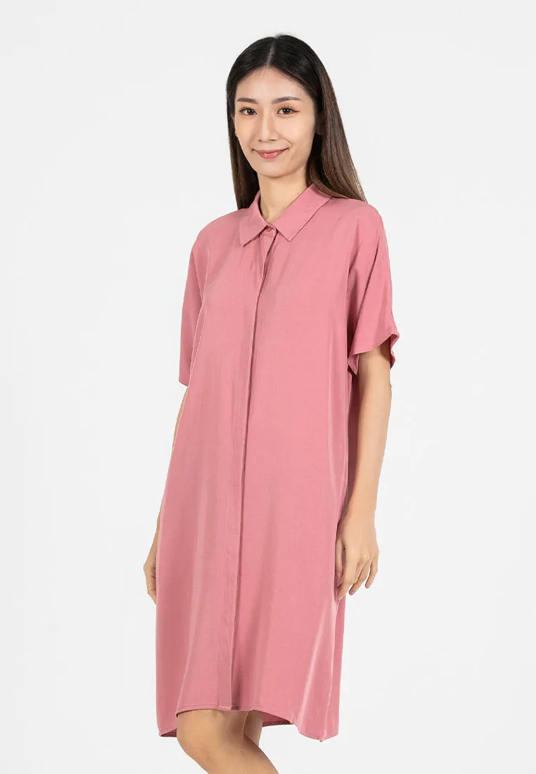 Forest Ladies Rayon Lyocell Plain Shirt Dress Women Short Sleeve Shirt Dress| Baju Kemeja Perempuan - 885078