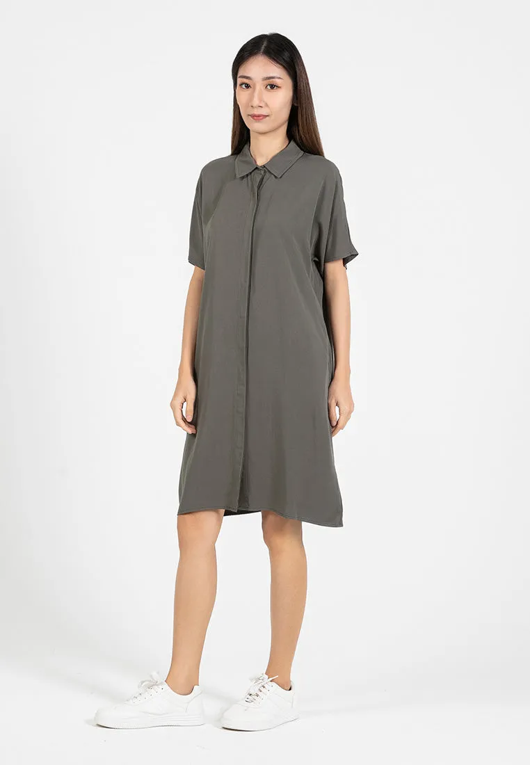 Forest Ladies Rayon Lyocell Plain Shirt Dress Women Short Sleeve Shirt Dress| Baju Kemeja Perempuan - 885078